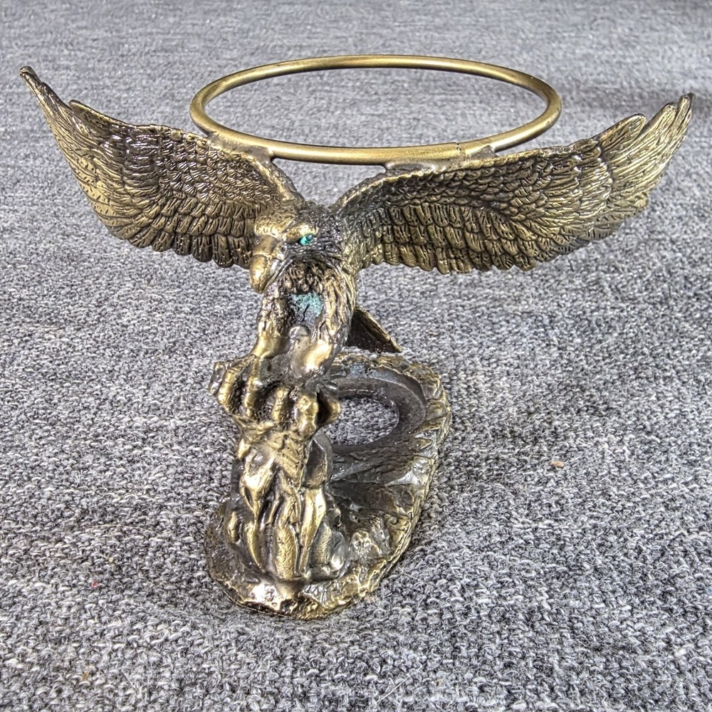 Vintage Brass Eagle Candle Holder Sphere Stand Green Gem Eyes Wingspan Figurine